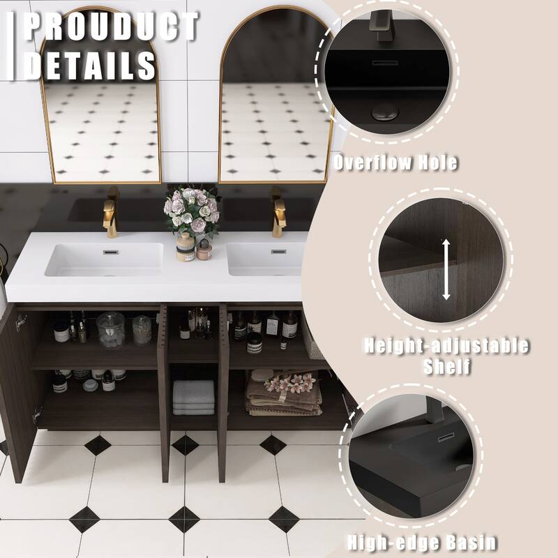 59.6'' Freestanding Bathroom Vanity with Black Integrated Solid Surface Sink in Smoked Oak - 59.49'' x 19.11'' x 36.45''