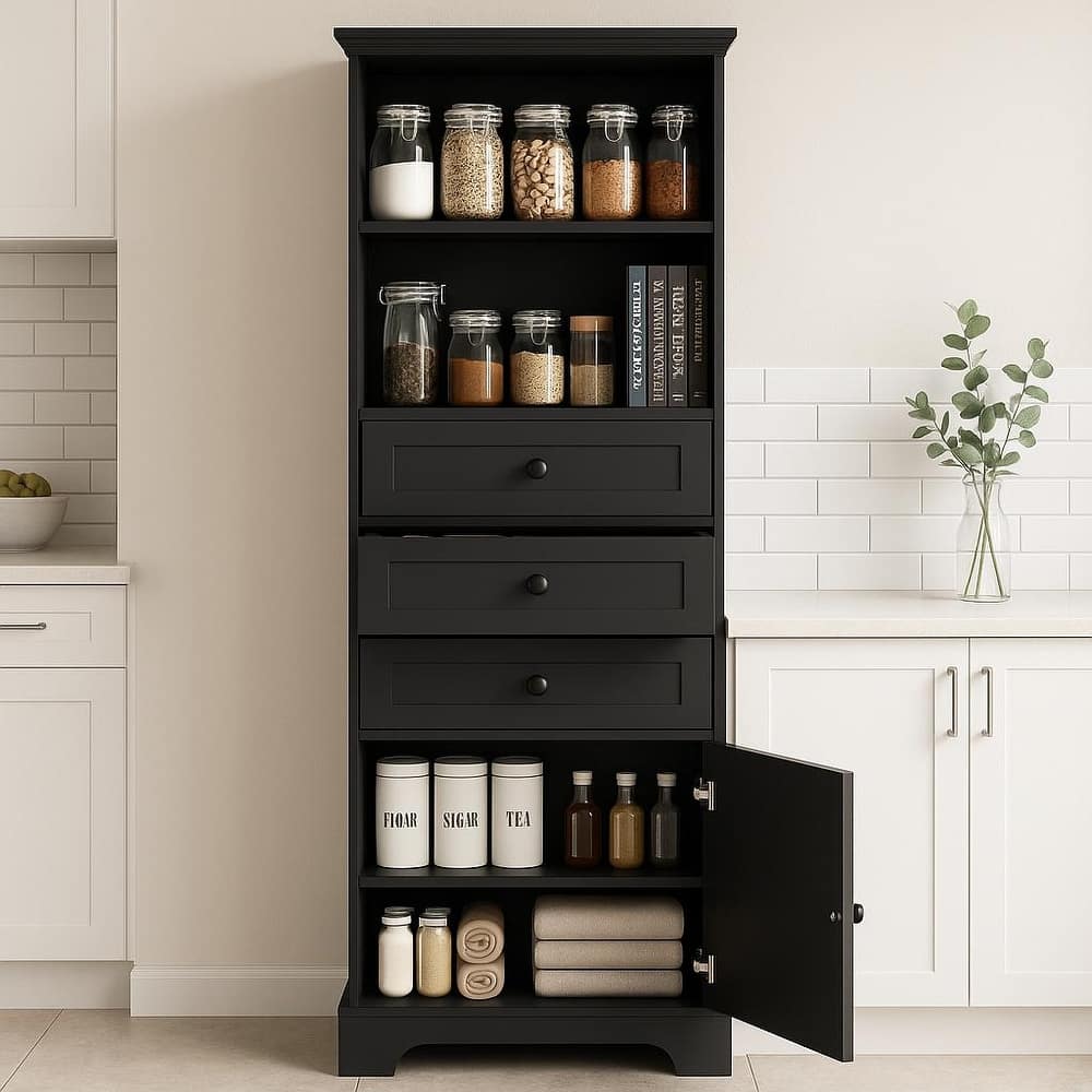 Homy Casa Black Tall Kitchen Pantry Cabinet 3 Drawers & Adjustable Shelves