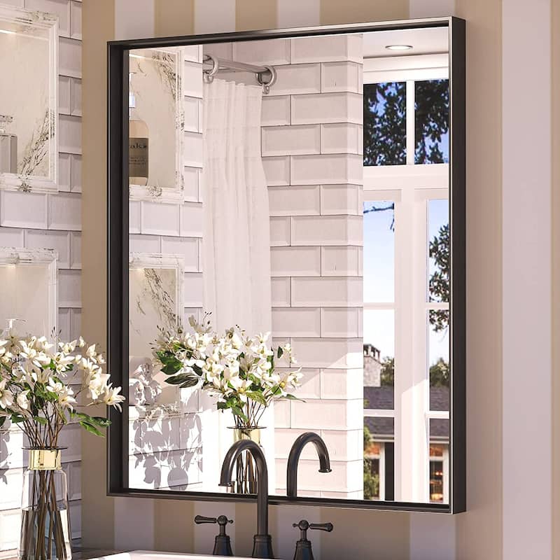 KEONJINN Modern Metal Framed Bathroom Vanity Wall Mounted Mirror - 30x36 - Black