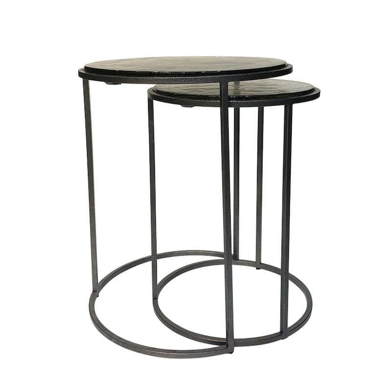 HomeRoots Set of Two Clear and Gunmetal Glass and Iron Round Frame Nested Tables - 18.5 in. x 22 in. x 18.5 in.