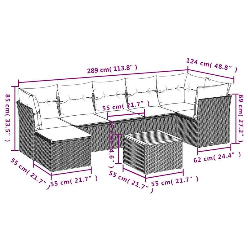 vidaXL 8 Piece Patio Sofa Set with Cushions Black Poly Rattan - 24.4 x 24.4 x 27.2