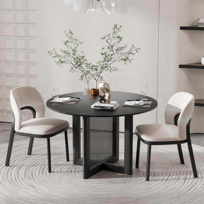 Farmhouse Kitchen Dining Room Table Furniture Round Kitchen Table with Rattan Woven Legs for Kitchen Bar Living Room