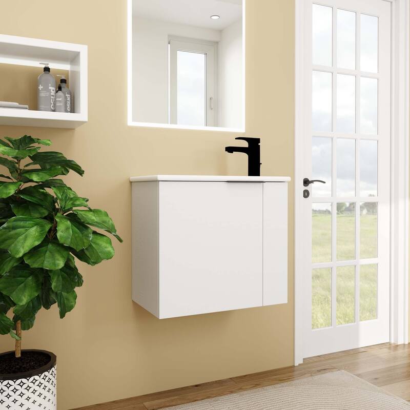 22 inch Plywood Wall-Mounted Bathroom Vanity in Grey Oak with Integrated Ceramic Sink in White with Soft Closing Door
