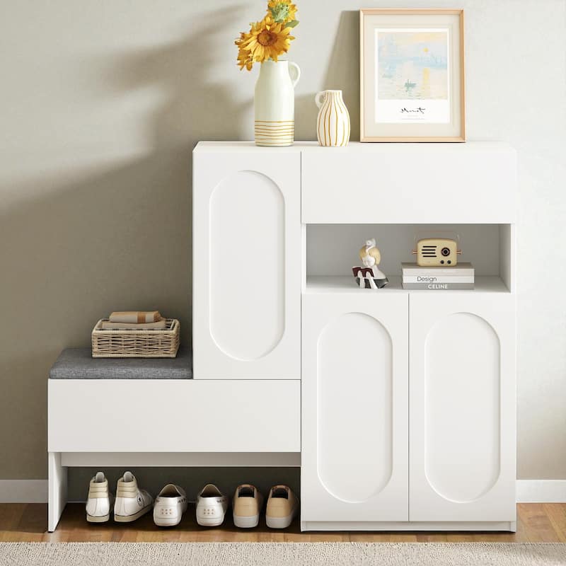 2-in-1 Shoe Cabinet Bench with Cushion, Arched Doors, Adjustable Shelves, Rebound Hinges, 51.1" Wide Entryway Organizer - White