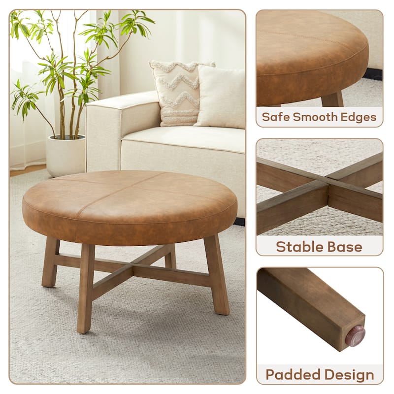 Round Upholstered Coffee Table with Solid Wood Base, Modern Fabric Ottoman Table for Living Room