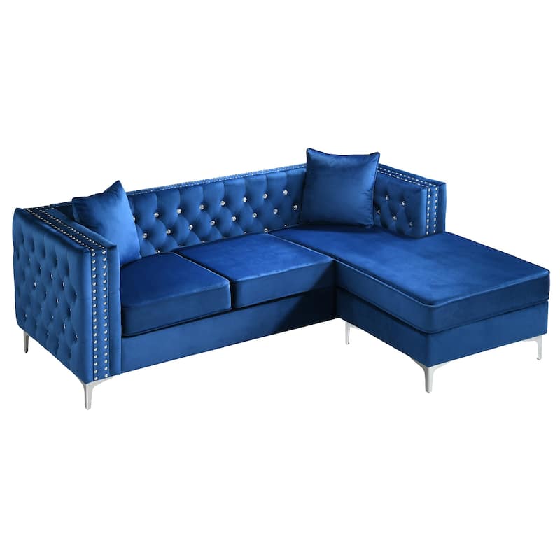 Tufted Velvet Sectional Sofa with Throw Pillows - 87" - Blue