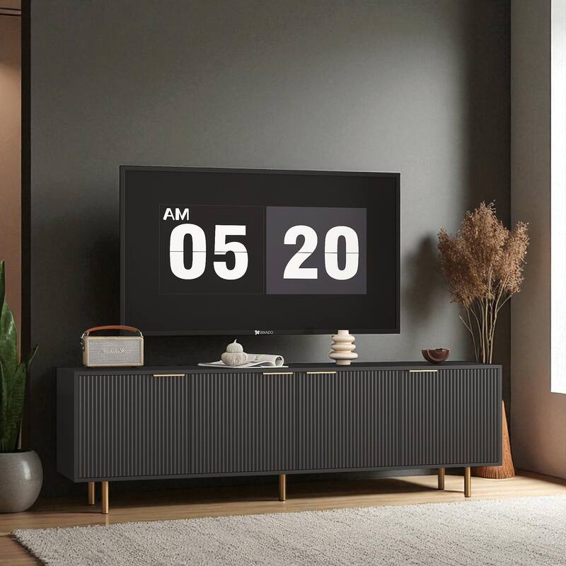 Modern Fluted TV Stand with 4 Storage Cabinets & Gold Legs, Entertainment Center for 55 Inch to 70 Inch TVs