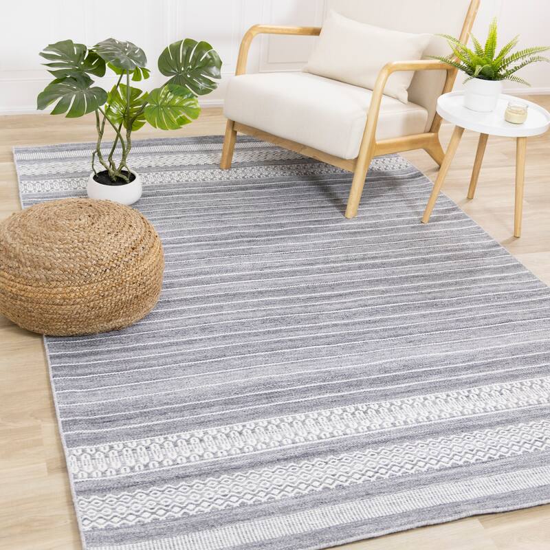 Grey Cream Recycled Striped Area Rug