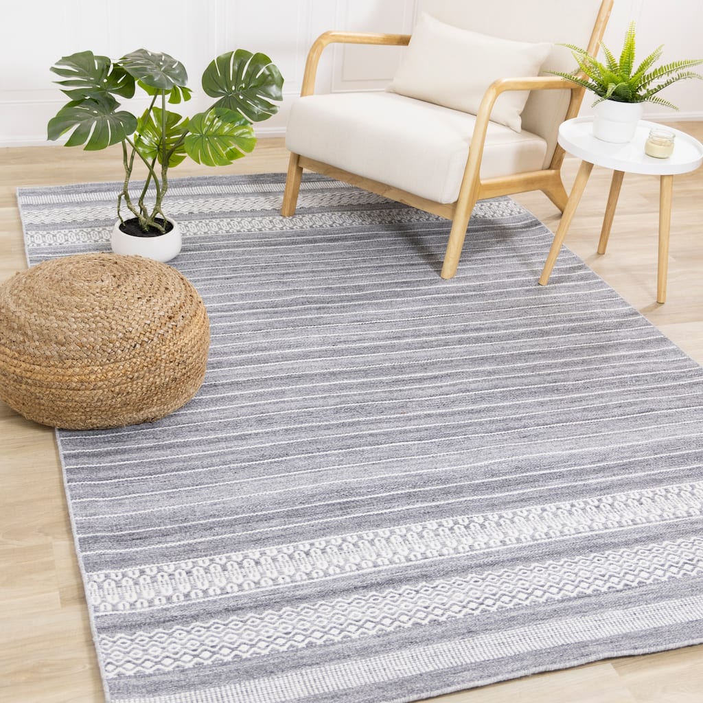 Grey Cream Recycled Striped Area Rug