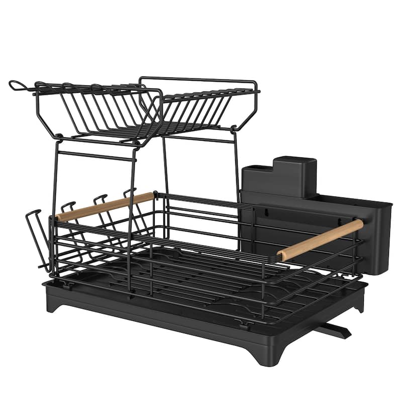 Double-Layer Dish Rack with Bamboo Handle