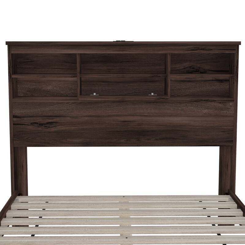 Wooden Platform Bed with Storage Headboard and USB Charging Ports