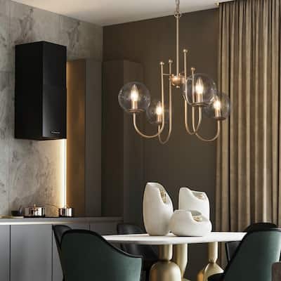 Mid-Century Modern Gold 4-light Wheel Chandeliers Globe Glass Curved Arms for Kitchen, Dining Room, Entryway - D21.5'' x H84.5''
