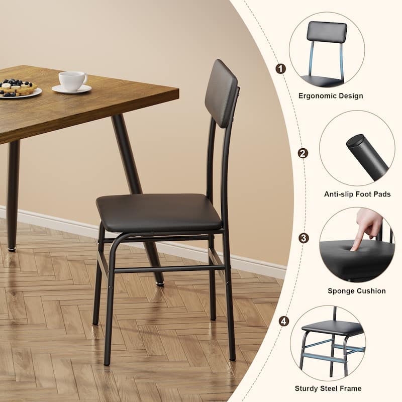 5-Piece Mid-Century Rectangular Dining Table, Industrial Kitchen Table Set with 4 Faux Leather Chairs