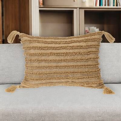 HomeRoots 14" X 20" Beige Striped Cotton Throw Pillow With Tassels