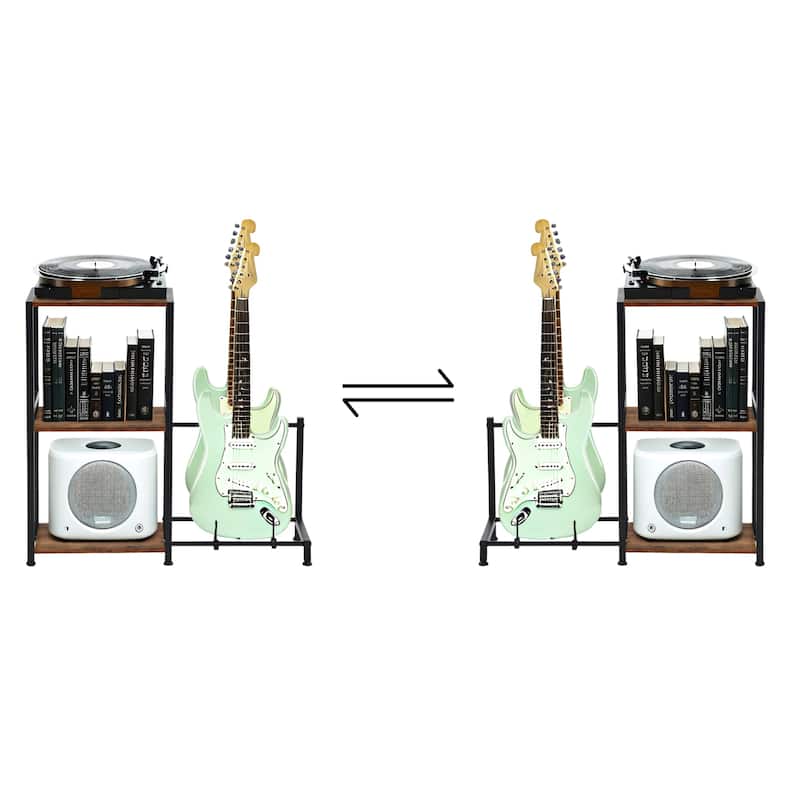 Homy Casa Record Player Stand with Media Shelves & Guitar Rack
