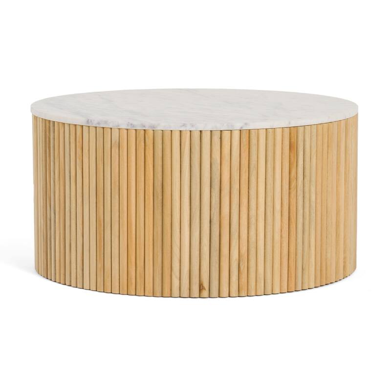 Modrest Cambridge Modern White Marble & Washed Mango Round Coffee Table
