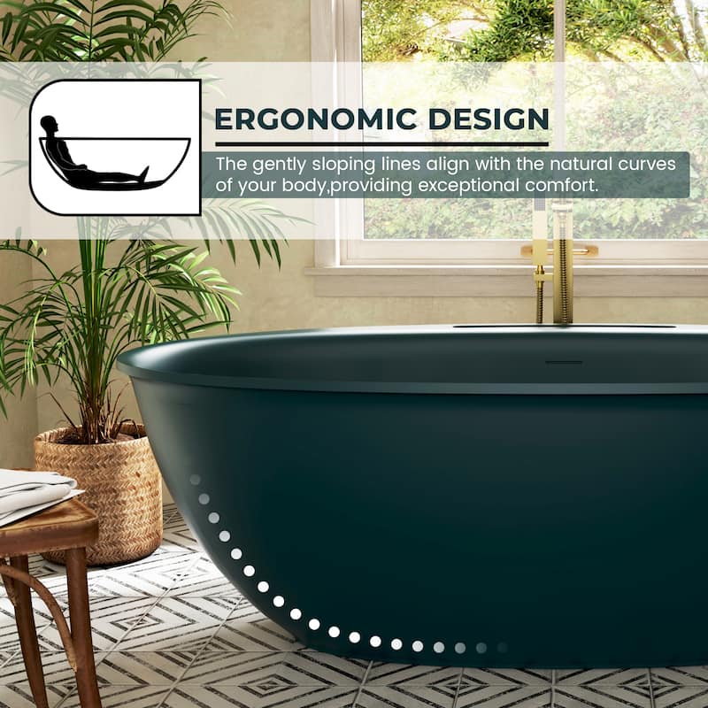 Luxury Flatbottom Solid Surface Freestanding Soaking Bathtub with Discreet Towel Slot and Drain Assembly