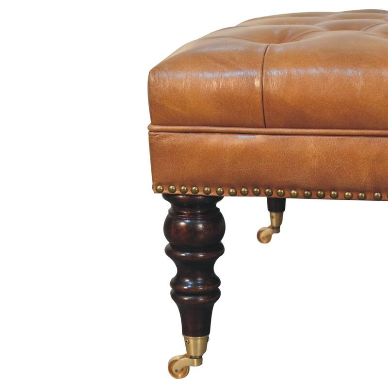 Artisan Furniture Solid Wood Studded Buffalo Tan Leather Ottoman with Castor Legs
