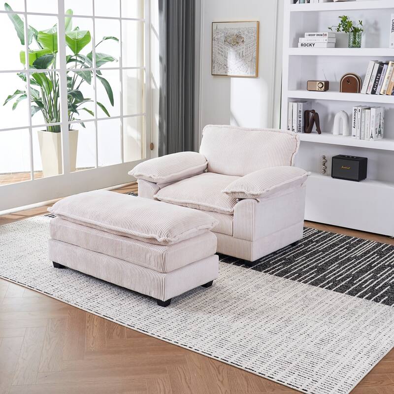56.3 Inch White Foam Corduroy Single Sofa with 2 Pillows and Ottoman