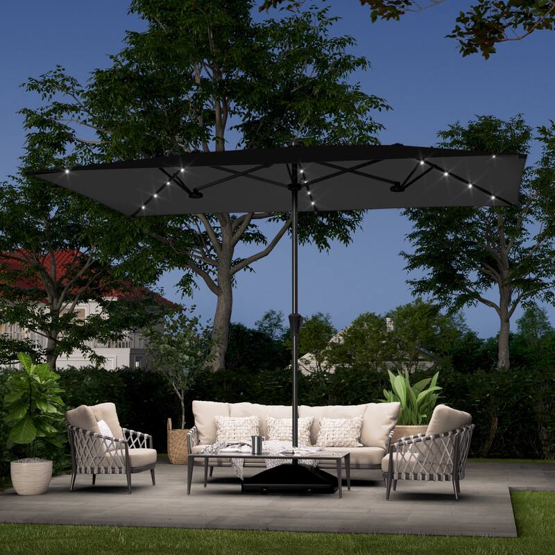 LIVOOSUN 11x7Ft/10x6.5ft LED Large Double-Sided Rectangular Outdoor Patio Market Umbrella with Crank, Navy Blue - Black