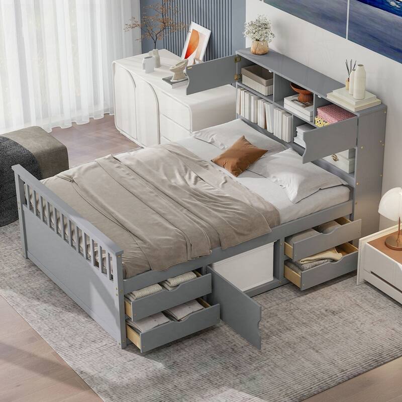 Captain Platform Bed Frame with Storage Bookcases and Shelves