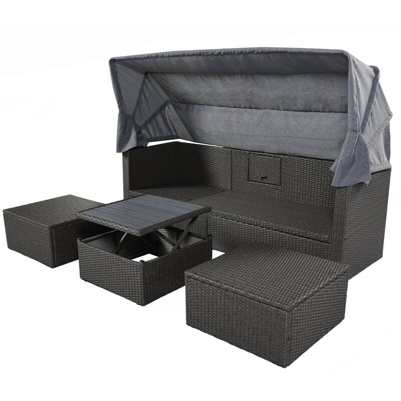 Patio Daybed wRetractable Canopy Bed Sectional Seating Set w2 Ottomans