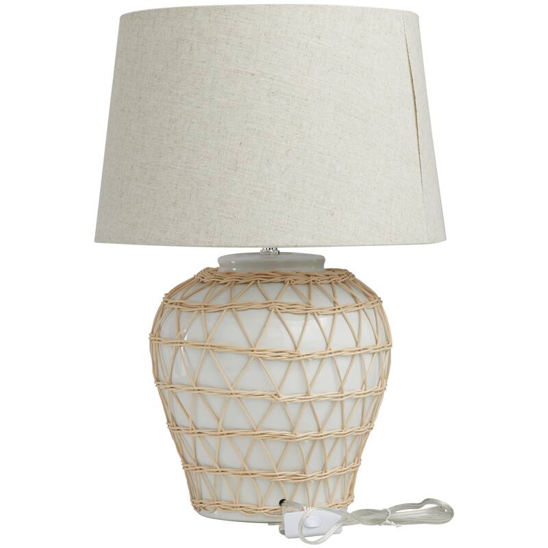 Ceramic Geometric Woven Rattan Room Table Lamp with Linen Shade - White - Roche River Decor