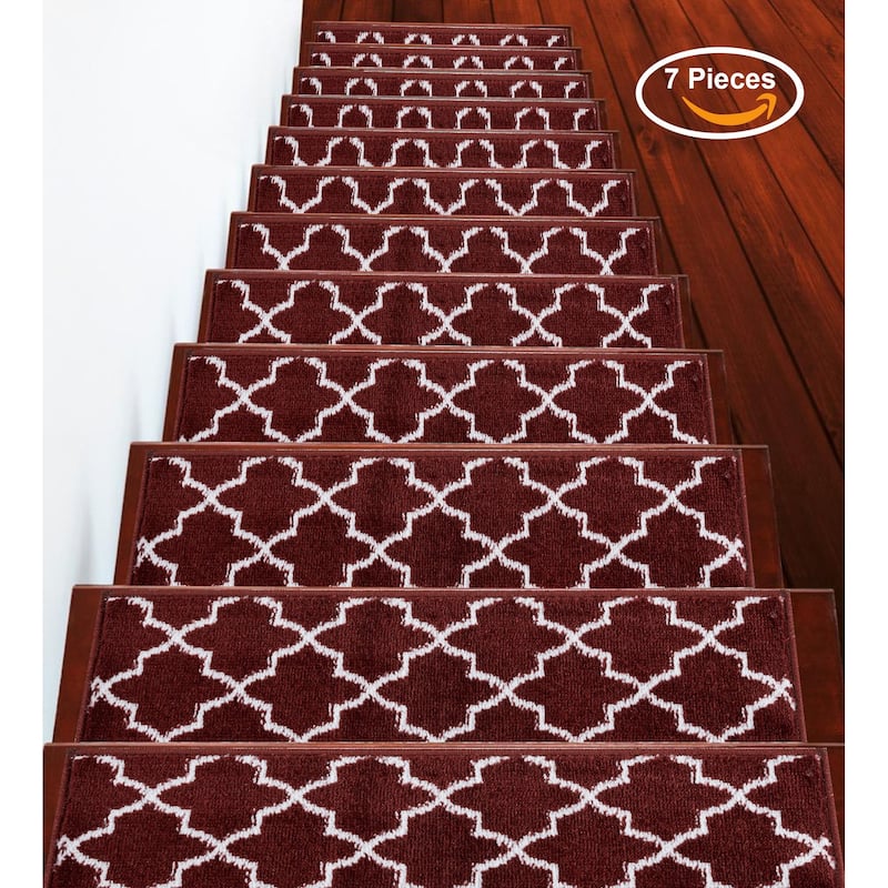 SUSSEXHOME Geometric Stair Treads with Easy to Install Double Adhesive Tape 9" x 28" - 7-PACK - Red