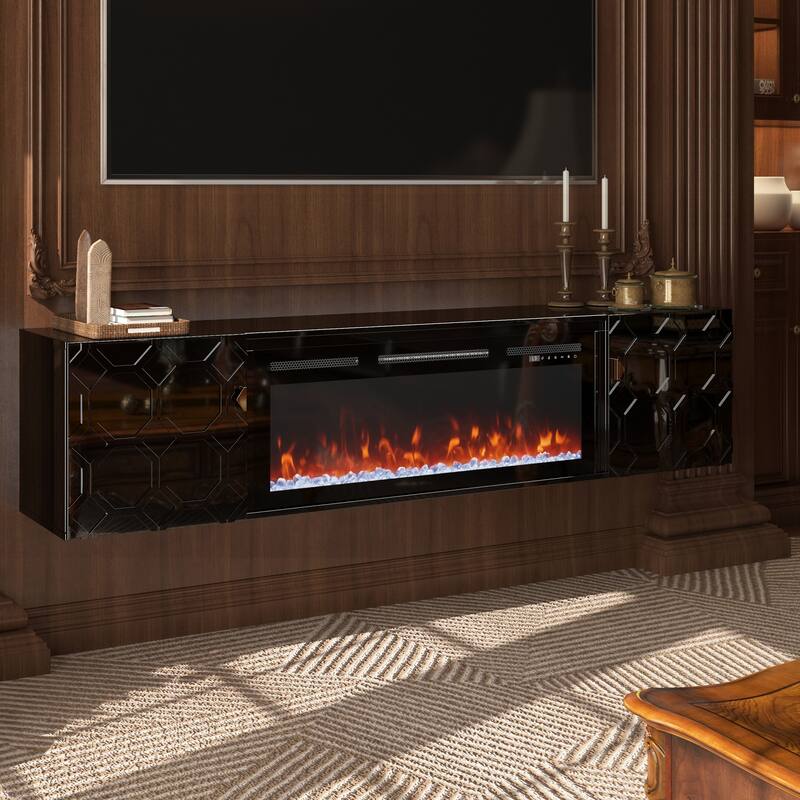 67 In. Black Media Tv Stand In High Gloss Paint Mdf
