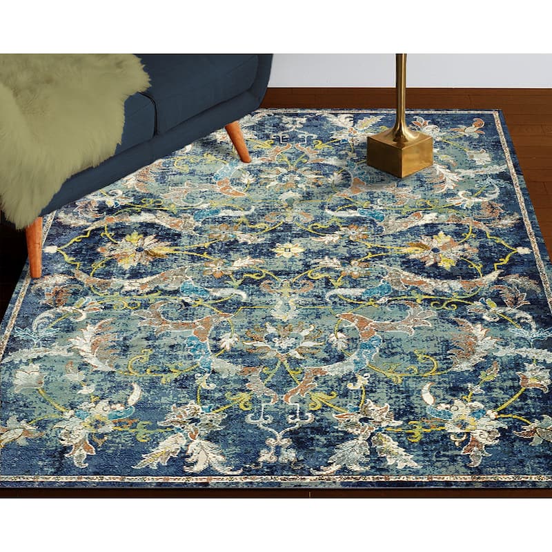 Sevita Lotus Floral Navy Multicolor Traditional Rug