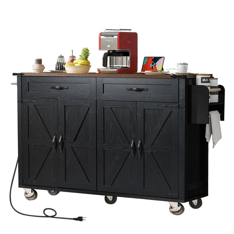 Farmhouse Kitchen Island with Power Outlet and Drop Leaf, Rolling Pantry Storage Cart with Spice Rack and Drawer for Dining Room