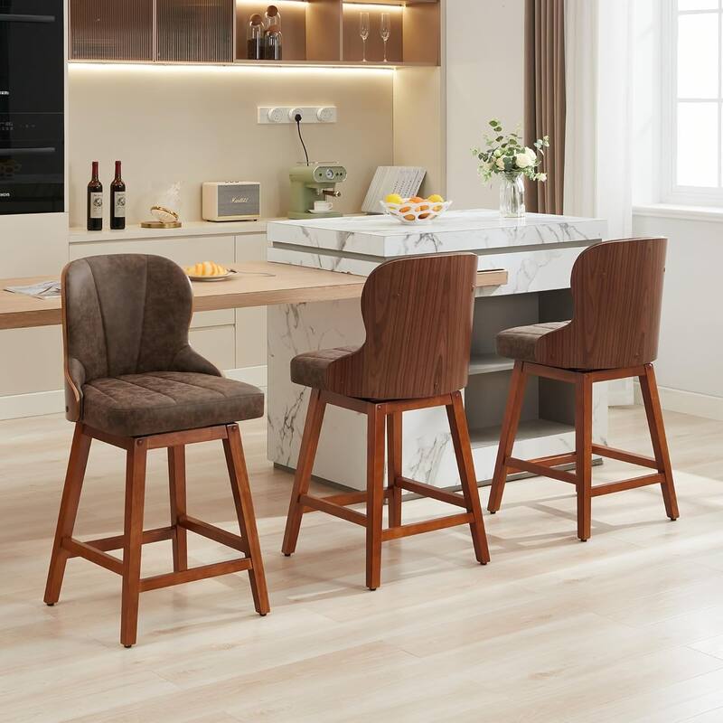 XINMICS 26 Inches Counter Height Bar Stools, Swivel PU Leather Bar Stools with Bentwood Backs, Set of 2/3 - N/A - Set of 3 - Brown