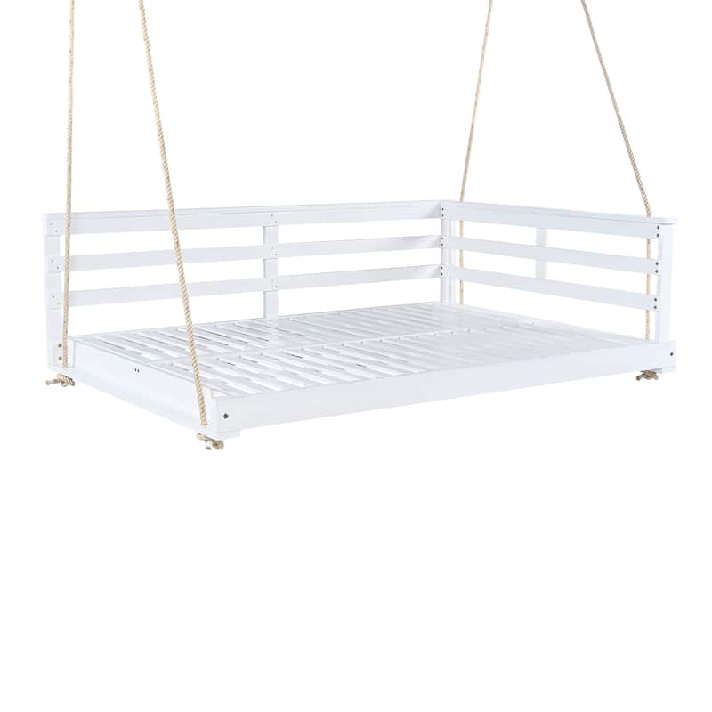 Acacia Wood Porch Swing Bed for Outdoor with Hemp Ropes - Full Size Patio Hanging Bed, 350lbs Capacity