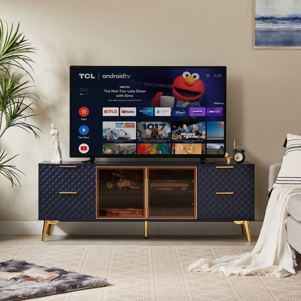 Modern TV Stand, Geometric Design TV Stand with 4 Drawers Aluminum Frame and Tempered Glass Door, for Living Rooms, Dark Blue