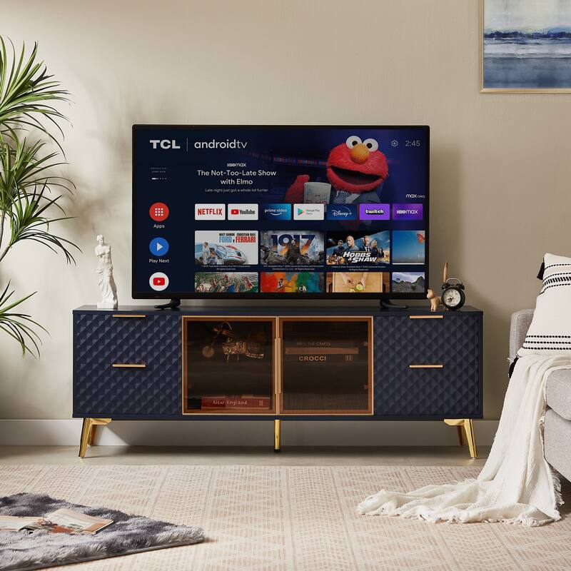 Modern TV Stand, Geometric Design TV Stand with 4 Drawers Aluminum Frame and Tempered Glass Door, for Living Rooms, Dark Blue - Blue