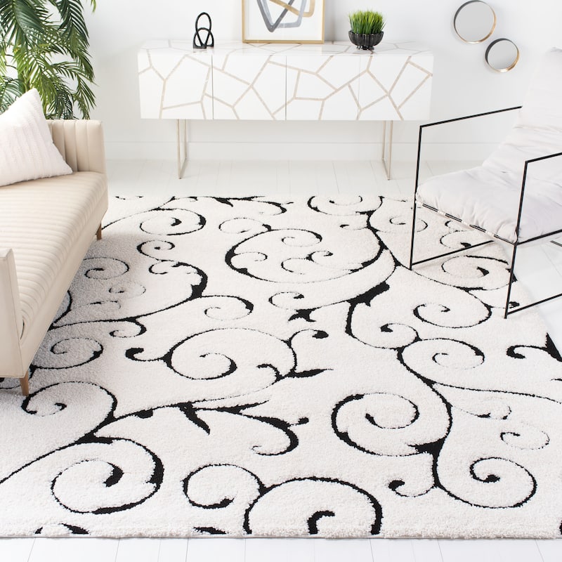SAFAVIEH Florida Shag Shahin Scroll 1.2-inch Thick Textured Rug - 9'6" x 13' - Ivory/Black