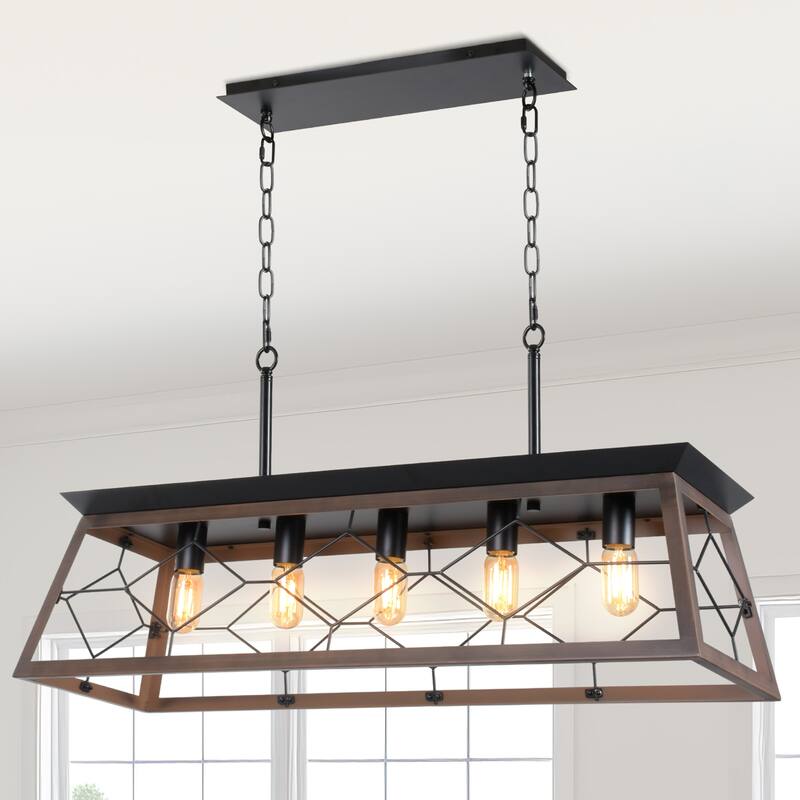 Moasis 5-Light Rectangle Farmhouse Rustic Chandelier For Kitchen Island - Brown