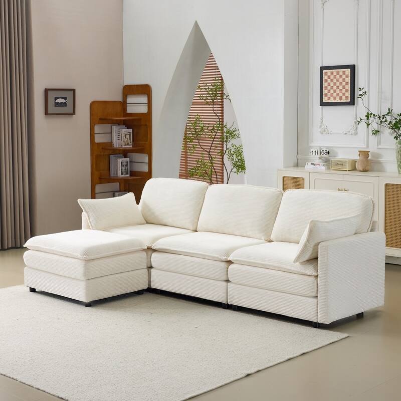 104" Modular 3 Seater Sofa with Ottoman,Beige Chenille Cushions and 2 Throw Pillows