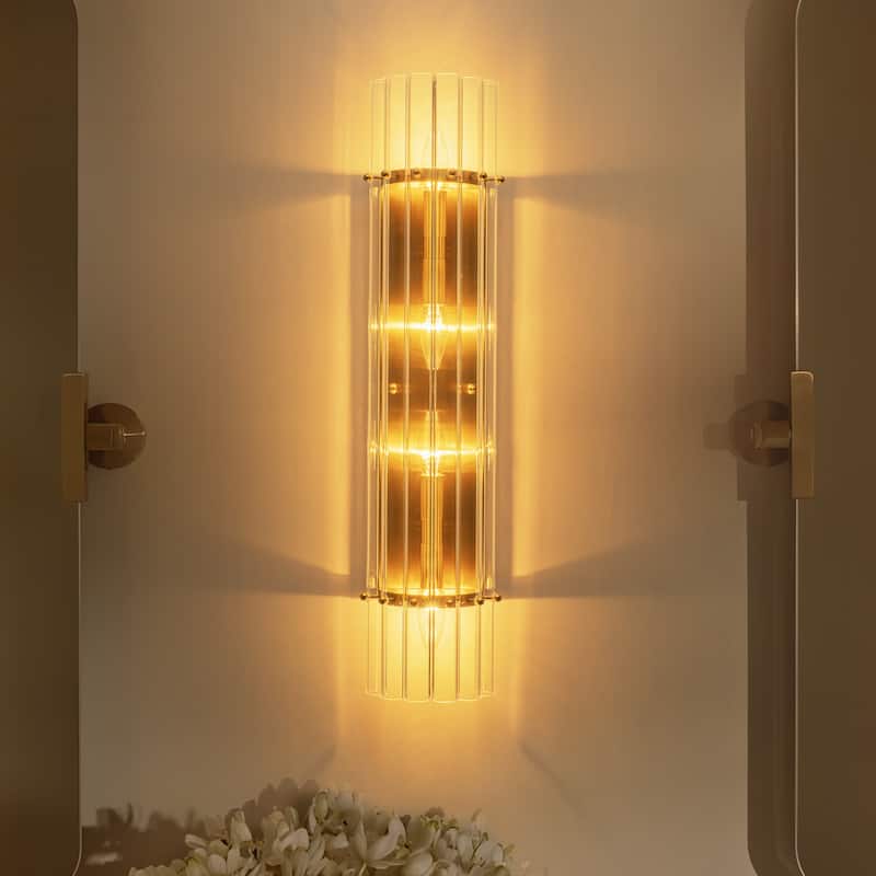 Rennnsan 4-Light Modern Wall Sconce Gold Linear Clear Glass Bathroom Vanity Light - 5.6 in. L x 3.5 in. D x 27.0 in. H