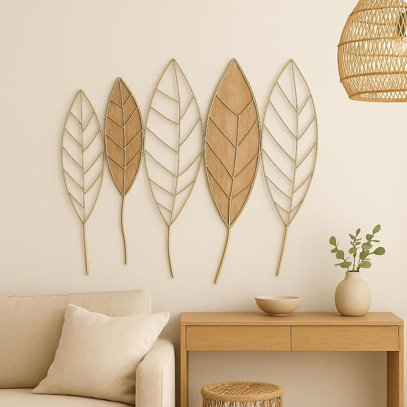 Gold Leaf Wall Art Vertical Metal Botanical Minimalist Sculpture 21x20