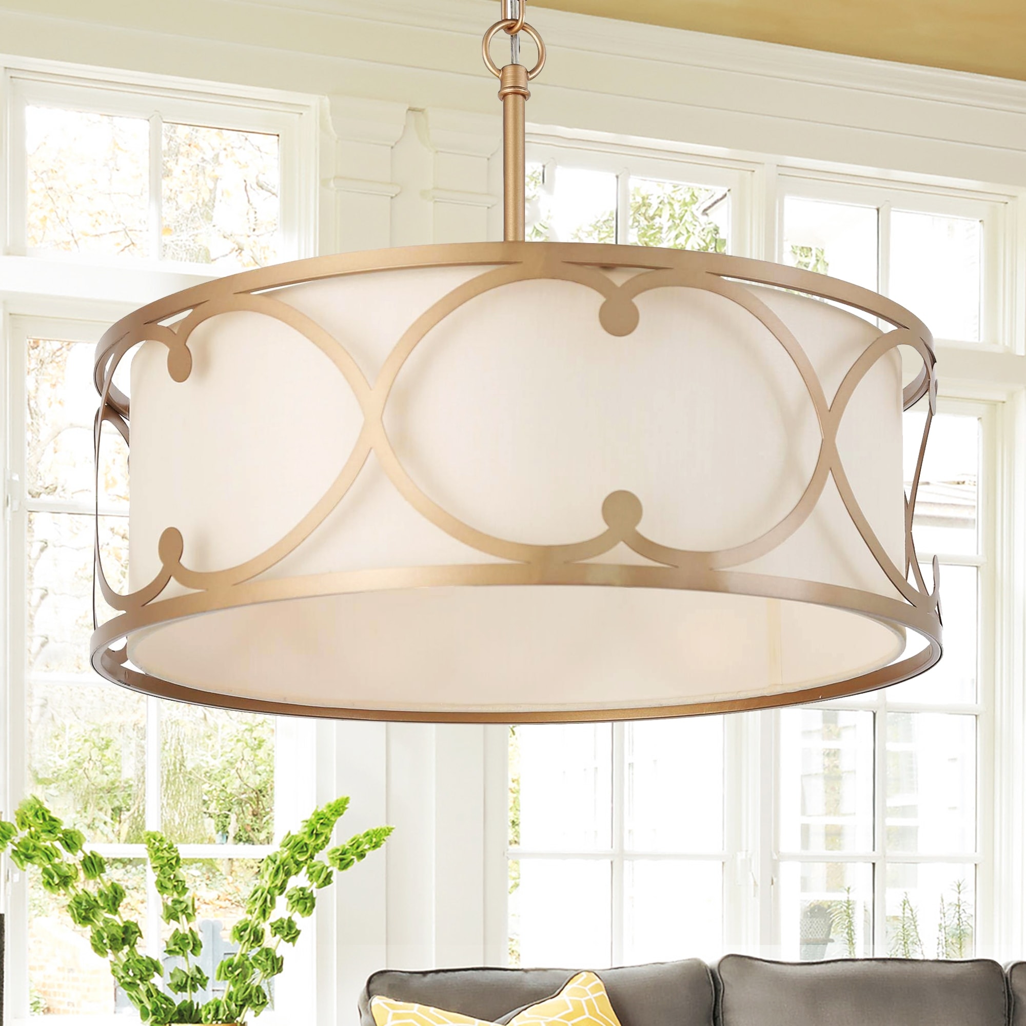 Modern Farmhouse 3-light Dining Drum Chandelier Pendant Lights with Fabric Shade - D17.5