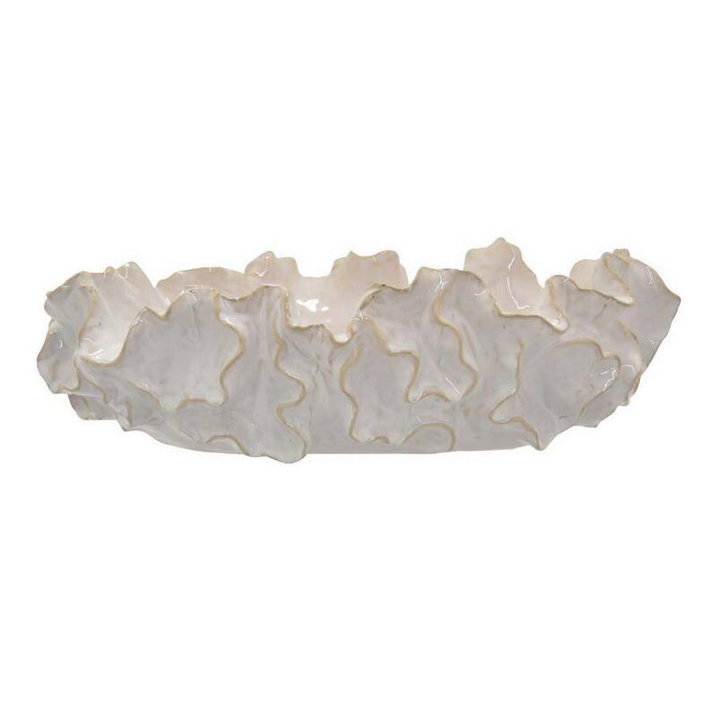 Decorative Accent Bowl, 18 Inch, Natural Wavelike Body, White Ceramic