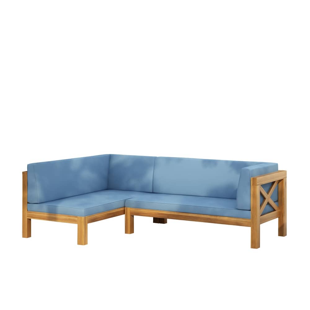 Roomfitters Outdoor Sectional Sofa Right Corner Bench with X-Back Acacia Wood Frame and Cushions
