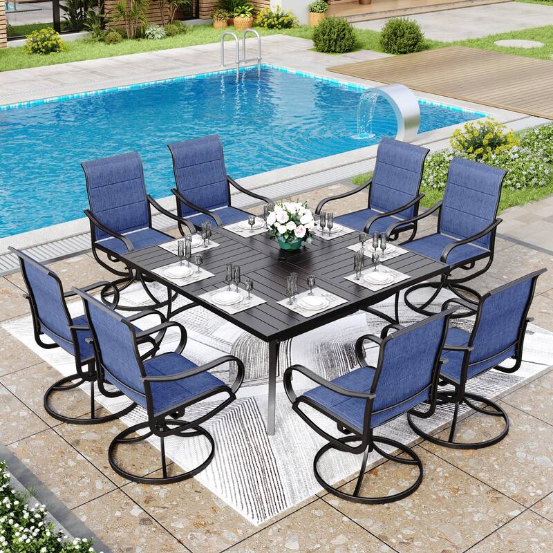 MAISON ARTS 9 Pieces Patio Dining Set, 60 Inch Square Metal Table and Sling Dining Chairs - Padded Navy