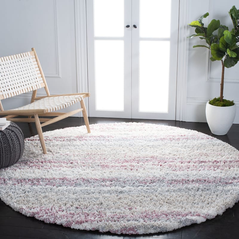 SAFAVIEH Fontana Shag Mevlide Modern Stripe 2-inch Thick Rug - 6'7" Round - Ivory/Pink