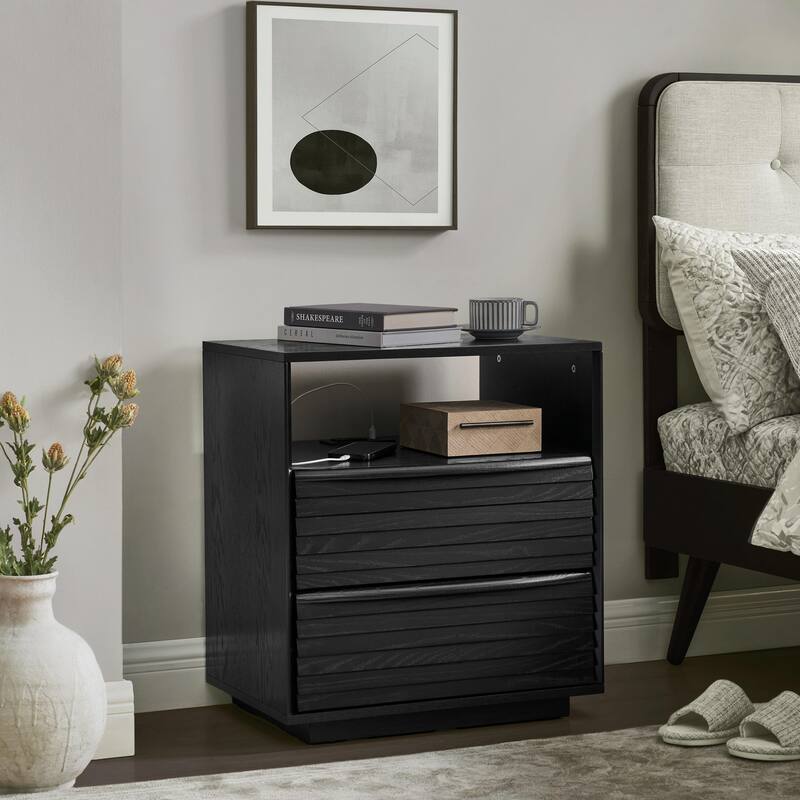 Mid Century Modern Nightstand with Charging Station & Outlet Hole & 2 Solid Wood Drawers