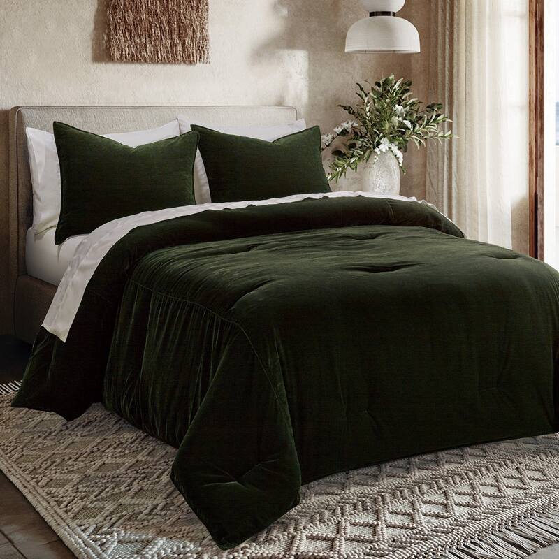 Indigo Hill by HiEnd Accents Estelle Velvet Solid Fluffy Bedding 3 Piece Comforter with Pillow Shams - Forest Green - King