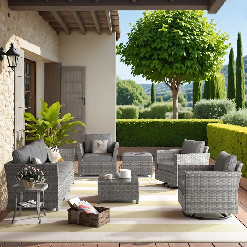 HOOOWOOO 9-piece Handwoven Wicker Patio Sectional Set with Swivel Rocking Chair - Dark Grey