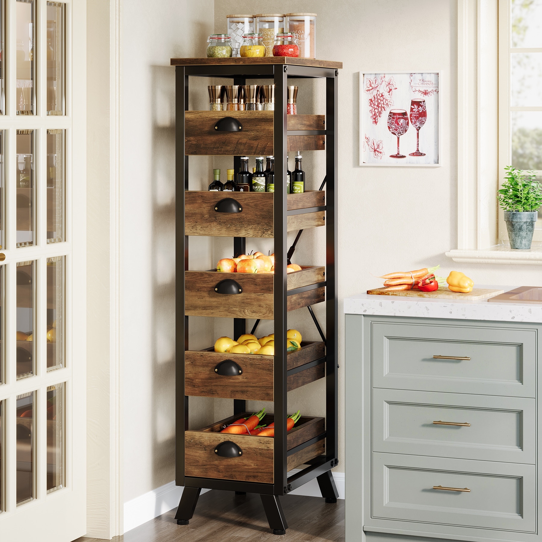 Wood Fruit and Vegetable Storage Rack, 5-Tier Kitchen Pantry Storage Cabinet