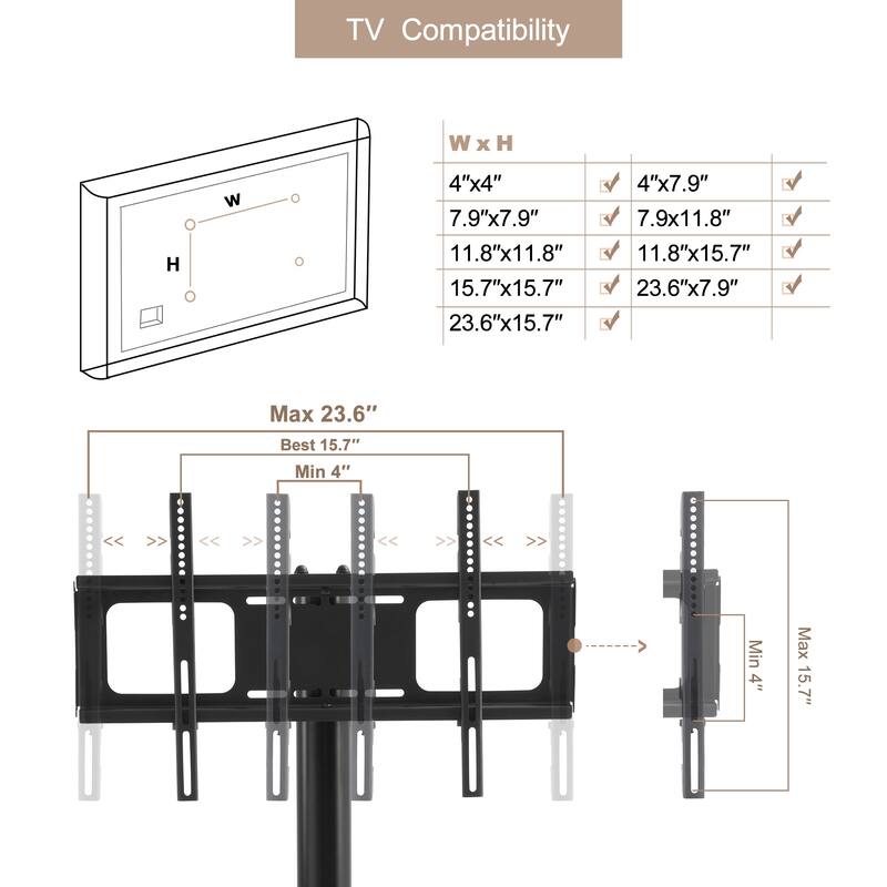 5357''Height Adjustable&90 Degree Swivel Metal Frame Mobile Floor TV